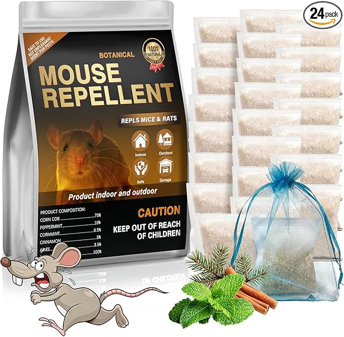 Mouse Repellent Pouches,24 Pack Rodent Repellent,Nature Peppermint Oil - Keep Mice Out of Car, Garage & House, Safe for Humans and Pets