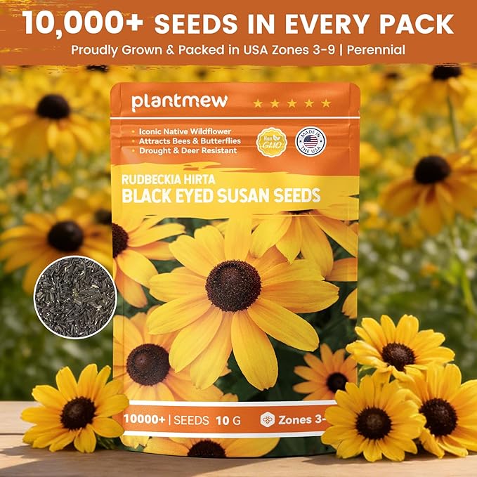 Black Eyed Susan Seeds for Planting | 30,000+ Heirloom Seeds, Non-GMO Flower Seeds for Garden, Borders & Containers | Sunflower Companion Wildflower Seeds to Attract Pollinators