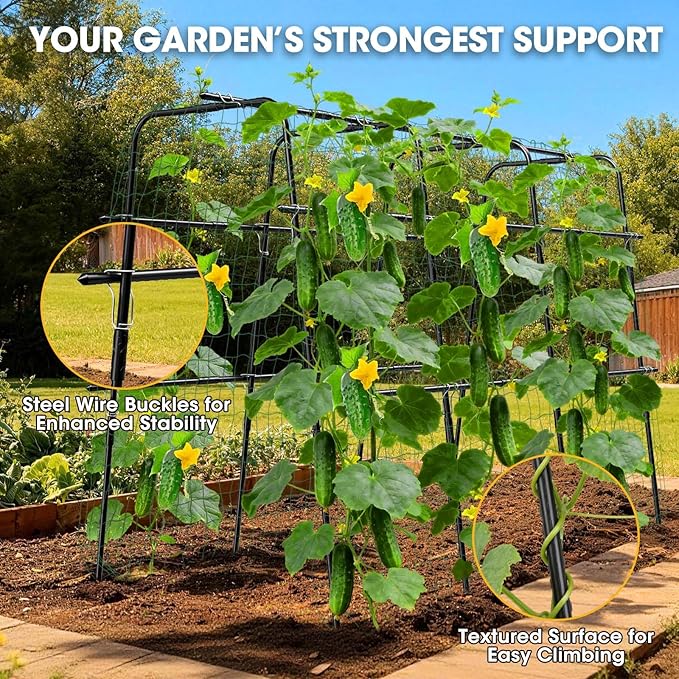 Cucumber Trellis for Raised Bed and Garden, 47" H x 63" W U-Shaped Metal Garden Trellis for Climbing Plants with Nylon Netting, Vegetable Support Frame