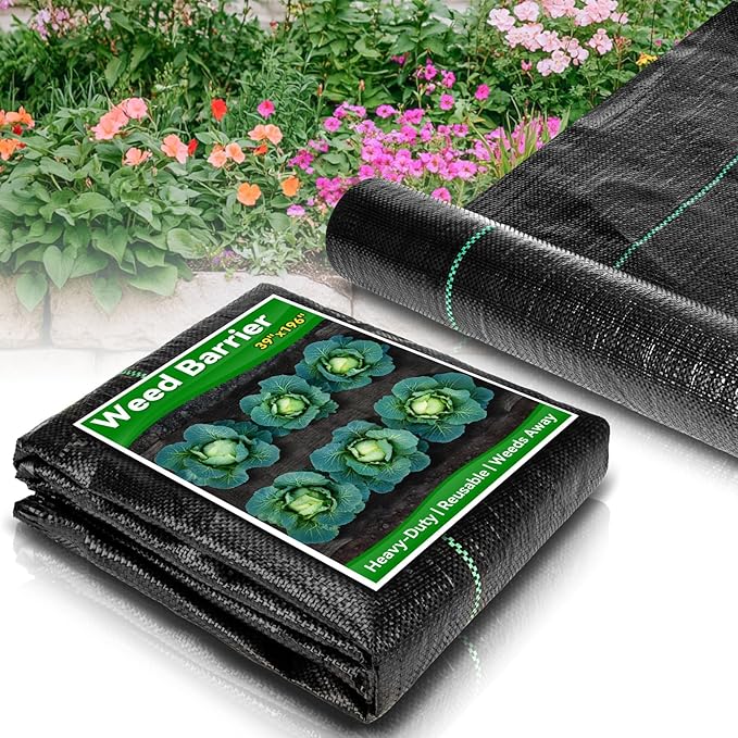 Weed Barrier Fabric Heavy Duty - 3.2x16.4ft Premium Landscape Fabric, Woven Geotextile Garden Weed Cloth UV-Resistant Ground Cover Mat for Gardening Farming Outdoor Landscaping