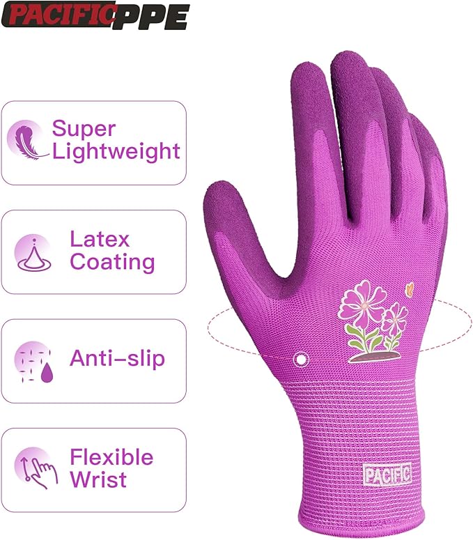 PACIFIC PPE 2 Pairs Gardening Gloves for women, Latex Coated Garden Gloves, Breathable, Medium Size fits Most, Purple