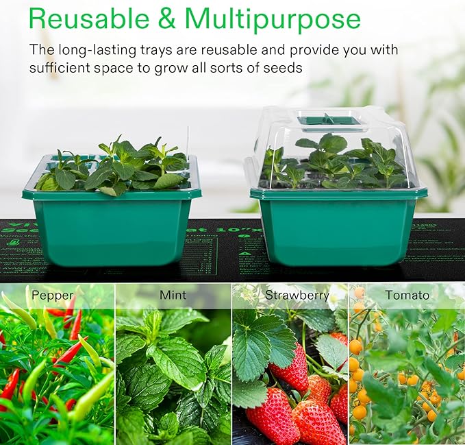 VIVOSUN 48" x 20.75" Seedling Heat Mat and Digital Thermostat Combo Set and 12-Pack Seed Starter Trays, 144-Cell Seed Starter Kit with Humidity Dome, Flat Reusable Plant Germination Trays