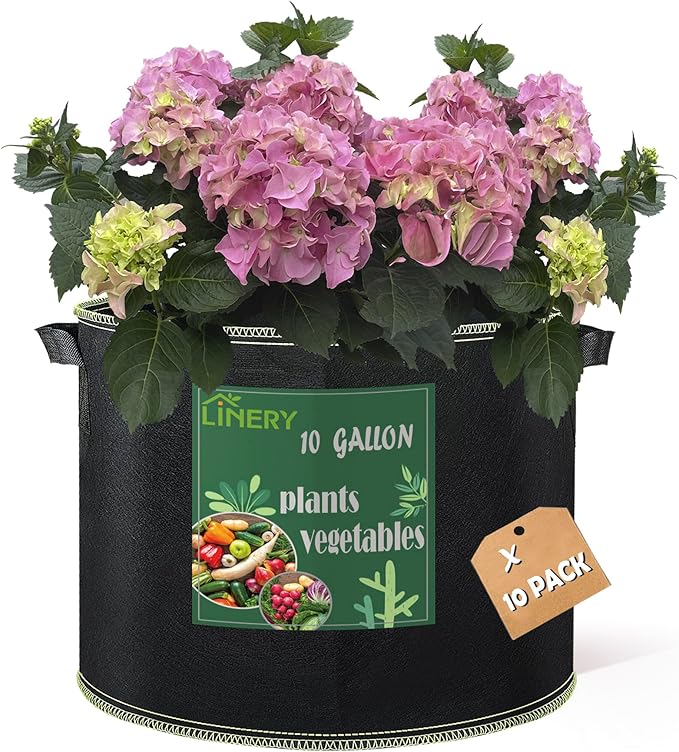 LINERY 10-Pack 10 Gallon Grow Bag - Black Heavy Duty Thickened Planting Bags With Handles, Non-Woven Fabric Plant Pots