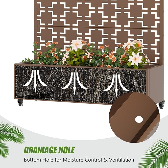 Casaphoria Metal Raised Garden Bed with Trellis and Wheels, 47"x47"x16" Planter Box for Climbing Plants, Vegetables & Vines, Features Drainage Holes and Privacy Screen, Brown-Square