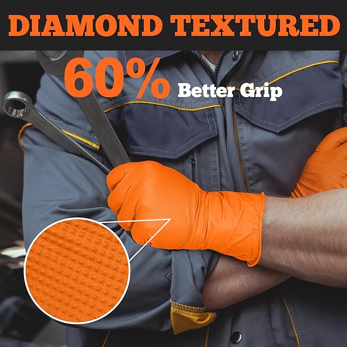 TitanFlex Heavy Duty Orange Industrial Nitrile Gloves with Raised Diamond Texture, Latex Free (6mil/8mil)