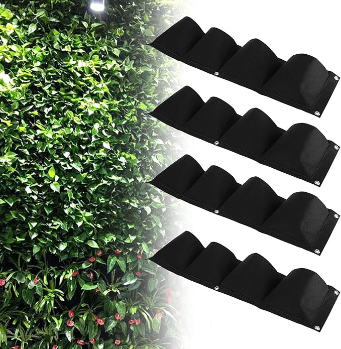 Hyuduo 4-Pocket Wall Hanging Planter Bags Reusable Felt Grow Bags for Indoor Outdoor Garden, Ideal for Flowers Vegetables Black 4-Pack