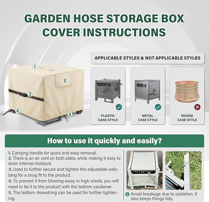 Hose Storage Box Cover – Weatherproof 420D Oxford Fabric, Universal Fit for Free-Standing Hose Reel & Storage Box, Protects Against Sun, Rain, Snow