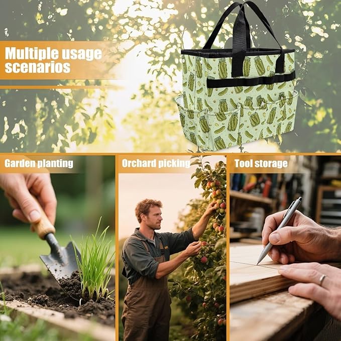 Cucumber Print Garden Tool Bag Portable Gardening Tool Organizer Bag with 10 Pockets and Handle Tool Carrier and Storage for Garden Lawn Yard Casual Camp