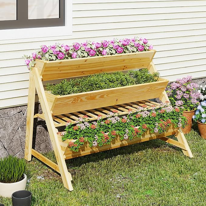 3-Tier Raised Garden Bed, Elevated Gardening Bed w/2 Side Hooks, Storage Shelf, Bed Liner, Garden Planter for Flowers, Vegetables, Herbs, Pine Wood Planter Box for Patio, Balcony, Porch