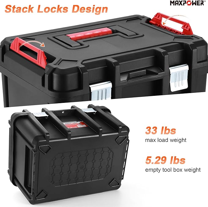 MAXPOWER 16 inch Plastic Tool Box, Black Deep Toolbox with Metal Latches and Removable Tray, Pack of 1
