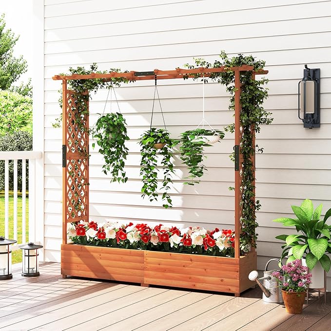 HAPPYGRILL Raised Garden Bed with Trellis, Freestanding Wood Planter Box w/Hanging Roof & Drainage Holes for Vine, Climbing Plants, Flowers, Outdoor Planter with Trellis for Garden, Patio, Yard (1)