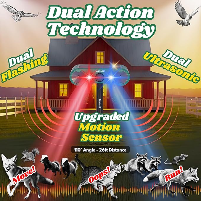 2 Pack Solar Ultrasonic Animal Repellent - Extended Coverage Deterrents - Waterproof Farm, Orchard, Large Yard Wildlife Defense for Cat, Squirrel, Raccoon, Skunk, Bird, Deer Repeller