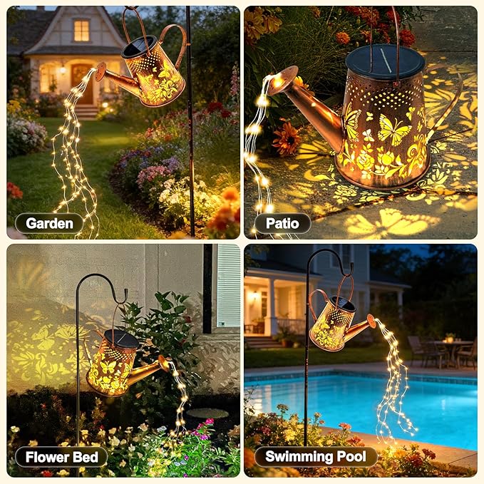 Solar Lanterns Outdoor Decorative: Metal Butterfly Watering Can with Cascading LED Lights and Hook - Waterproof Hanging Garden for Yard Patio Decor - Birthday Gardening Gifts for Women
