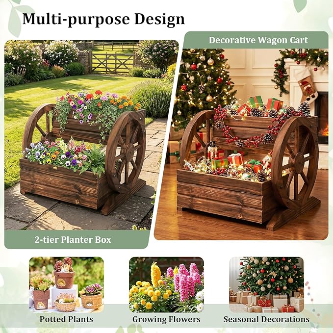 Giantex Wooden Wagon Planter Box, Garden Planter with Drainage Holes & Wheels for Flowers Herbs Vegetables, Indoor Outdoor Decorative Flower Cart for Patio Garden Balcony (2)