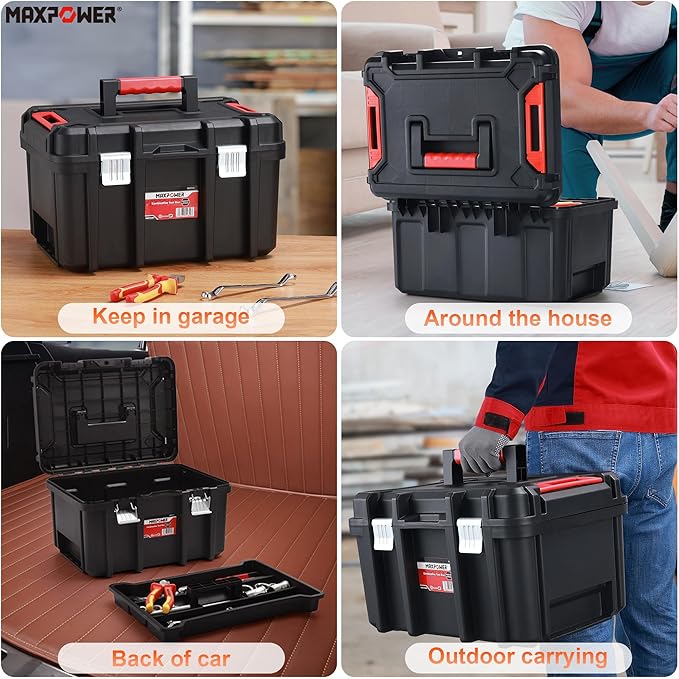MAXPOWER 16 inch Plastic Tool Box, Black Deep Toolbox with Metal Latches and Removable Tray, Pack of 1