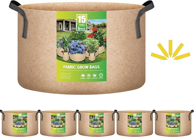 YSSOA 5-Pack 15 Gallon Grow Bags Heavy Duty Thickened Nonwoven Aeration Fabric Pots with Handles, Cloth Pots for Plants, Vegetable, Flower, Tomato Potato
