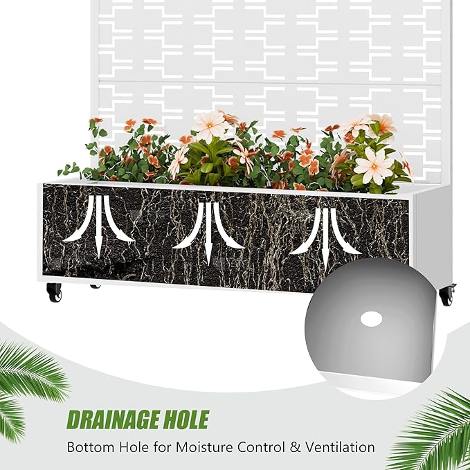 Casaphoria Metal Raised Garden Bed with Trellis and Wheels, 47"x47"x16" Planter Box for Climbing Plants, Vegetables & Vines, Features Drainage Holes and Privacy Screen, White-Brick