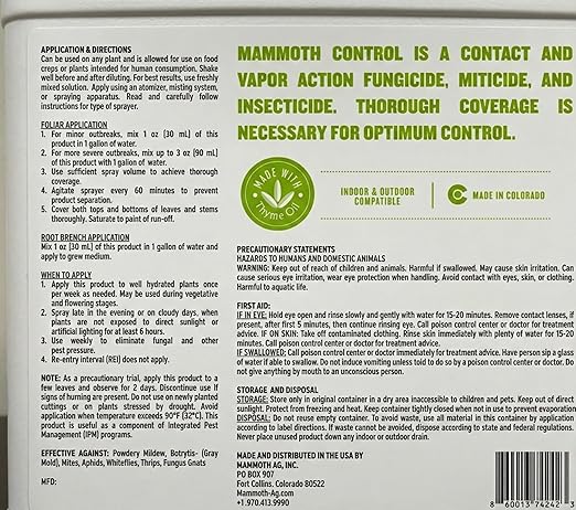 Mammoth Control - Concentrated Miticide, Fungicide and Insecticide - Made with Thyme Oil (1 Gallon)