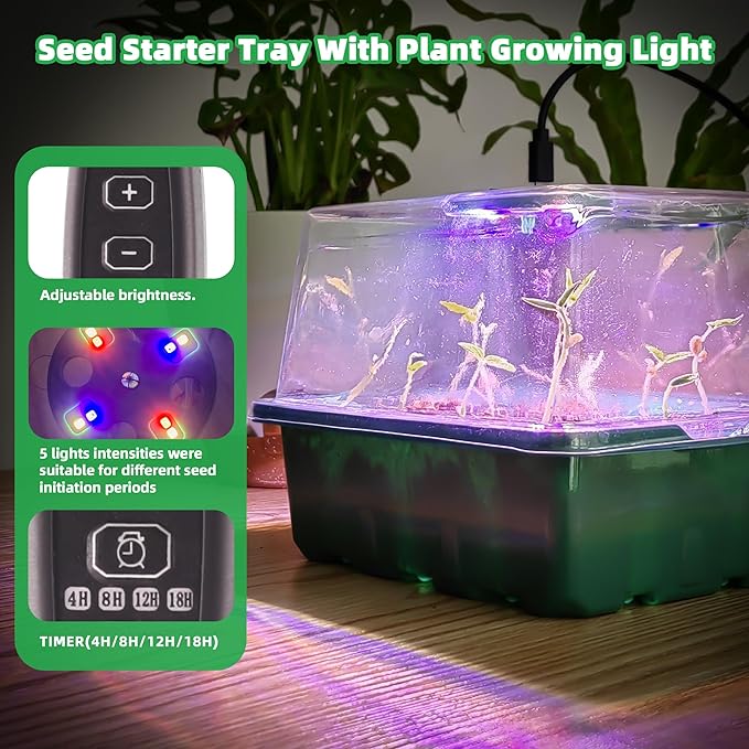 5Sets Seed Starter Tray with Grow Light, Elevated Seedling Starter Trays Kits with Adjustable Humidity Domes and Clear Cell Tray for Greenhouse Seeds Growing Starting