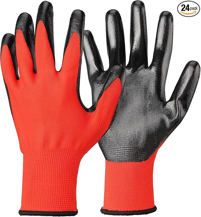 Nitrile Coated Work Gloves - 12 Pairs Red Construction Gloves for Women & Men Winter Work, Reusable Firm Grip Heavy Duty Gloves for Working, Gardening, Fishing, Climbing, Extra Large