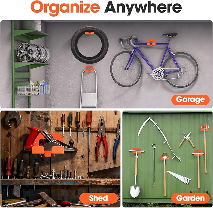 4-Pack Garage Organizer Trimmer Rack, Weed Eater Hanger, Matel Wall Hooks Weed Wacker Holder, Heavy Duty Wall Hangers for Grass Trimmer, Hedge Trimmer, Garden Tools Storage, Orange