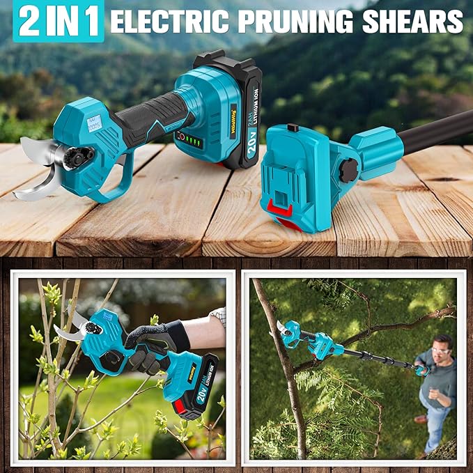 2 in 1 Pole Pruning Shears with 2 x Rechargeable Batteries, 2" Max Cutting Diameter Electric Cordless Pole Pruner, Brushless Motor, Up to13FT Reach Electric Pole Scissors for Garden Tools