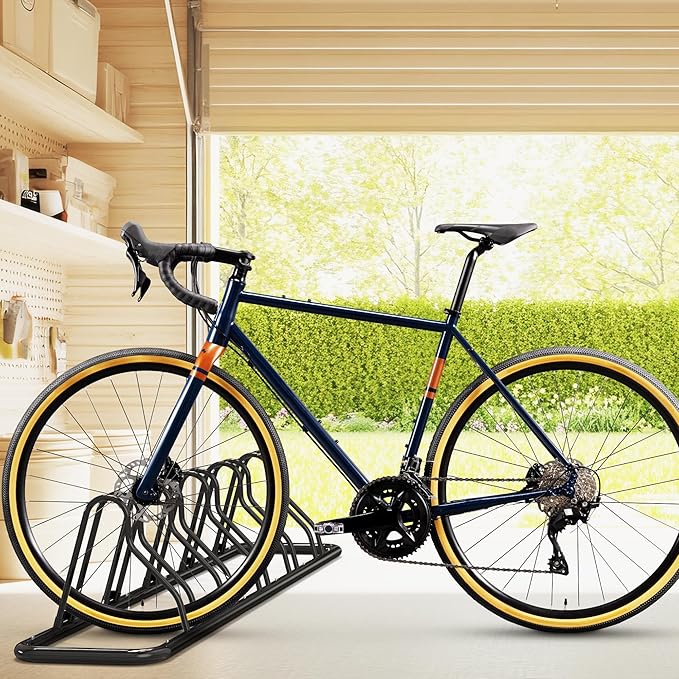 Simple Houseware 5-Bike Floor Storage Rack - Adjustable Bicycle Parking Stand & Garage Organizer for Road and Kids Bikes, Black