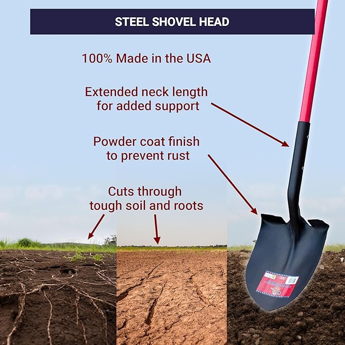 Bully Tools Round Point Heavy Duty Shovel - 14-Gauge Fiberglass Long Handle, Strong Metal Construction, Ideal for Gardening, Digging and Landscaping, Square and Flat Head Design - 100% Made in the USA