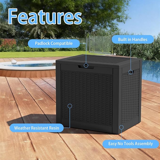 35-Gallon Outdoor Storage Box, Waterproof Deck Box for Patio Cushions, Garden Tools, Pool Accessories, Lockable Outside Storage Bin for Backyard & Deck (Black)