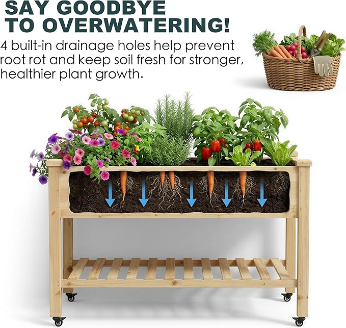 Raised Garden Bed with Lockable Wheels, 48 x 24 x 32 Inch Wooden Planter Box with Storage Shelf, 300 lb Capacity Mobile Outdoor Planter for Vegetables, Flowers, Herbs, Natural Wood