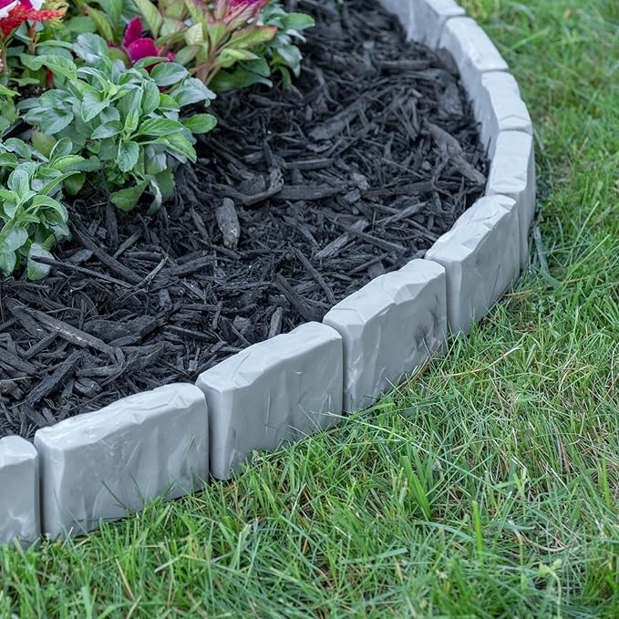 EasyFlex No-Dig Landscape Edging with Anchoring Spikes, 2.7 in. Tall Decorative Stone-Look Garden Border, 60 Foot Kit, Slate Gray