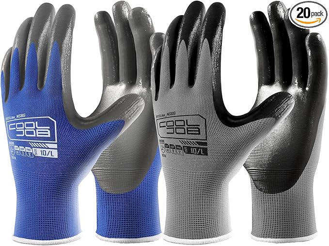 COOLJOB 20 Pairs Nitrile Dipped Safety Work Gloves with Grip, Non-slip Rubber Coated Bulk Garden Gloves for Men, Heavy-duty Oil Resistant for Truck Driver, Warehouse Box Handler, Medium, Gray Blue