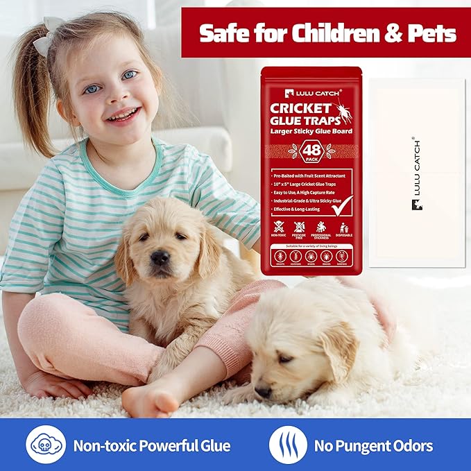 LULUCATCH Cricket Insect Glue Traps - 48 Pack Bug Sticky Traps, Large & Adhesive Spider Scorpion Trap with Pre-Baited Attractant, Highly Effective Glue Boards Indoor, Non-Toxic, Pet Safe Pest Control