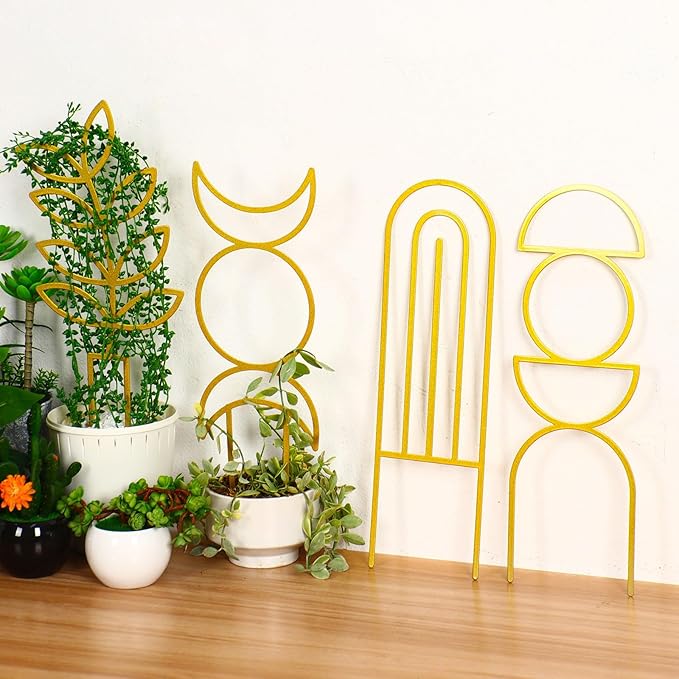 4 Pcs Indoor Plant Trellis for Climbing Plants, Small Trellis for Potted Plants, Garden Metal Trellis Plant Support Trellis with Different Patterns for Vine Ivy Flower (Boho,Gold)