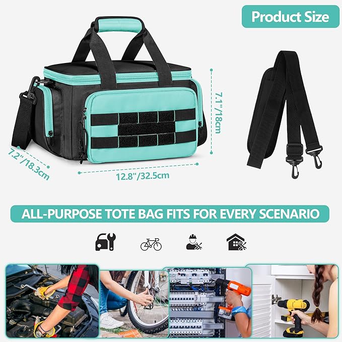 Tool Tote Bag for Women, Tool Storage Organizer with Anti-friction Bottom, Tactical Range Bag for Electrician, Carpenters, Repairman, Turquoise