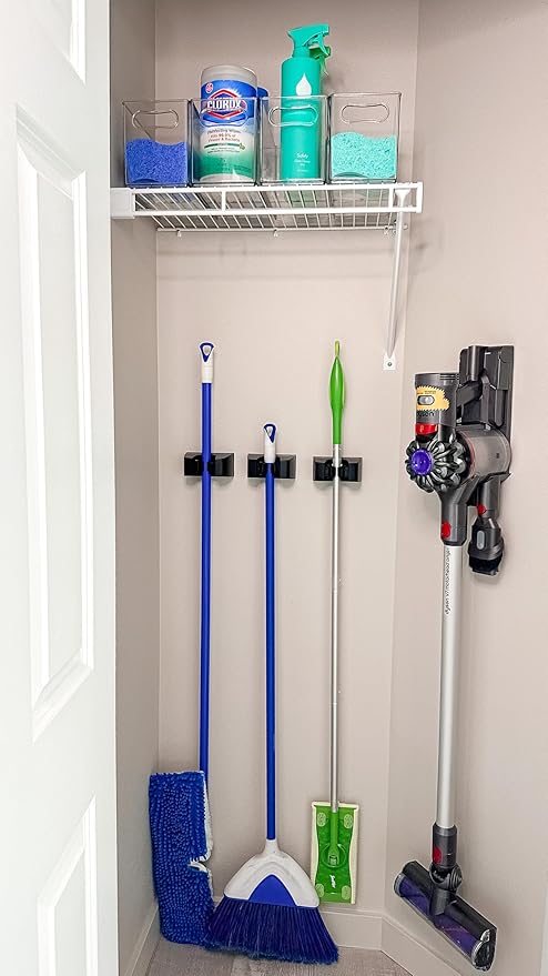 Duck EasyMounts Mop and Broom Holder - Heavy Duty Wall Mount Rack for Home Organization and Storage - No Tool Install - Holds Up to 15 lbs - Black, Pack of 1 Hook & All Hanging Hardware