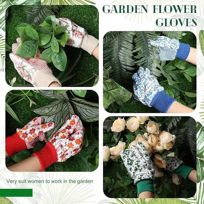 Queekay 8 Pairs Garden Gloves for Women Floral Gardening Gloves Breathable Cotton with Grip