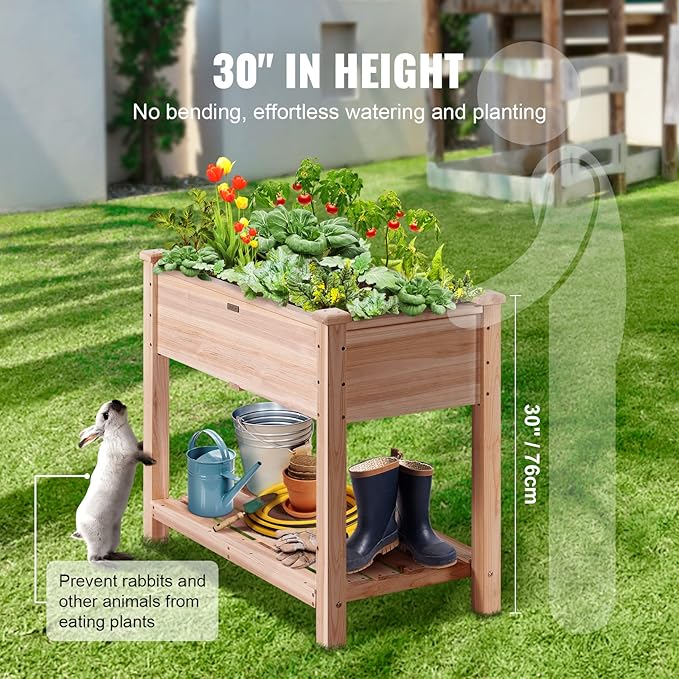VEVOR Raised Garden Bed 34x18x30in with Sturdy Legs, High End Natural Fir Wood Planter Box Elevated Planting Stand for Backyard/Garden/Patio/Balcony w/Non -Woven Liner & 1 Set of Tool, 165lb Capacity