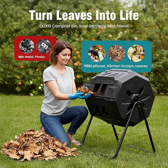 OLIXIS Compost Bin Outdoor 43 Gallon, Dual Chamber Composter Tumbler Outdoor with Gloves, Efficient 360°Rotating Composting Bin for Patio, Lawn, Home Gardening and Landscape, Classic Black