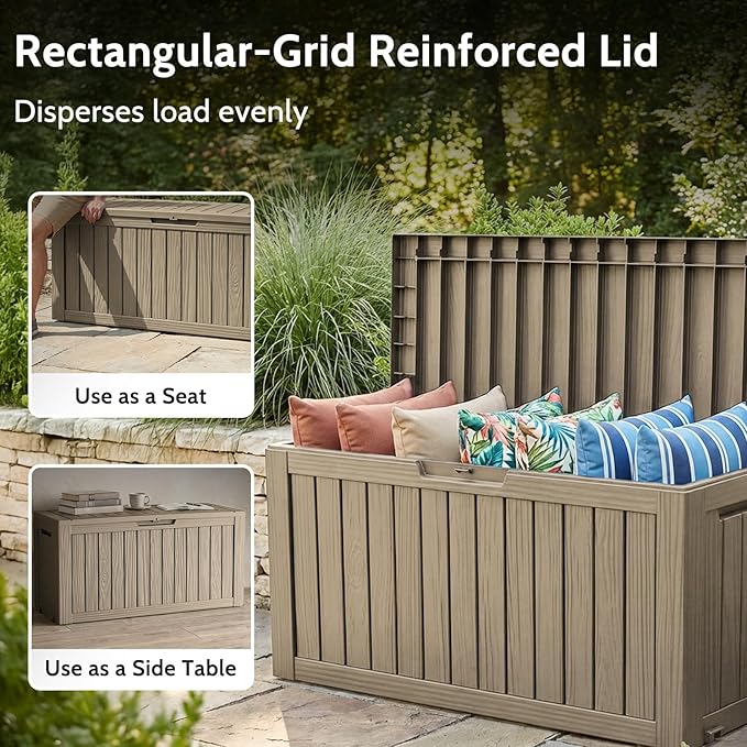 90 Gallon Deck Box Outdoor Storage Box Waterproof for Patio Furniture,Outdoor Cushions,Garden Tools and Pool Supplies,Lockable, Resin and Easy to Install Grey