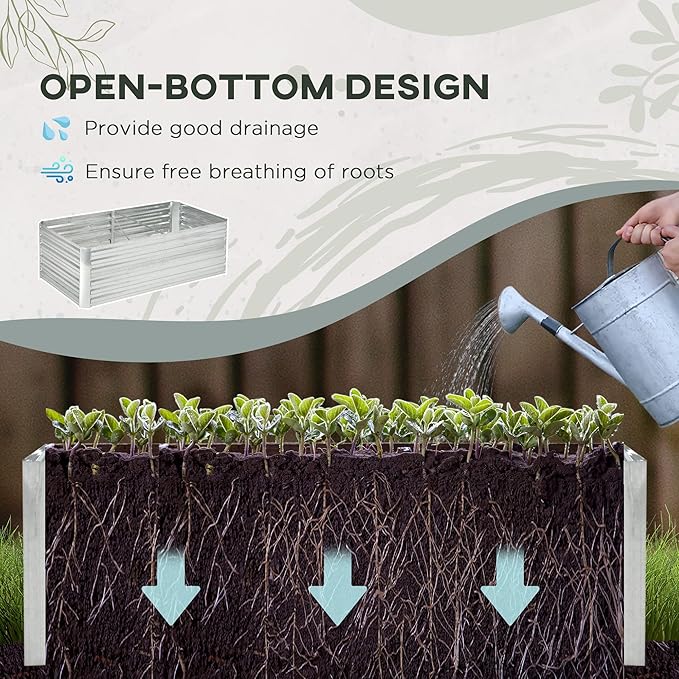 Outsunny Galvanized Raised Garden Bed Kit with Reinforcing Bars, Large and Tall Metal Planter Box for Vegetables, Flowers and Herbs, 6' x 3' x 2', Silver