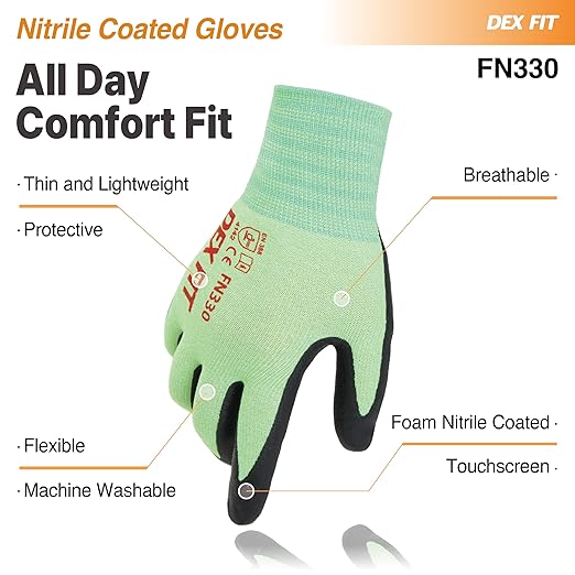 DEX FIT Nitrile Work Gloves FN330, 1 Pair, 3D-Comfort Stretchy Fit, Firm Grip, Thin & Lightweight, Touch-Screen Compatible, Durable, Breathable & Cool, Machine Washable; Green L (9)