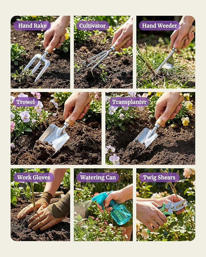 9-Piece Garden Tool Set, Heavy Duty Stainless Steel Rust-Proof Ｇardening Ｋit with Ergonomic Wood Handles, Durable Metal Organizer Basket with 4 Compartments, Gardening Gift for Women, Mother