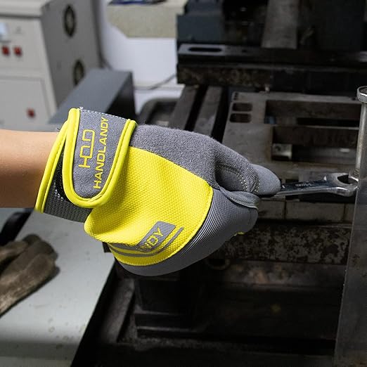 HANDLANDY Work Gloves Mens & Women, Utility Safety Mechanic Working Gloves Touch Screen, Flexible Breathable Yard Work Gloves (XX-Large, Grey&Yellow)