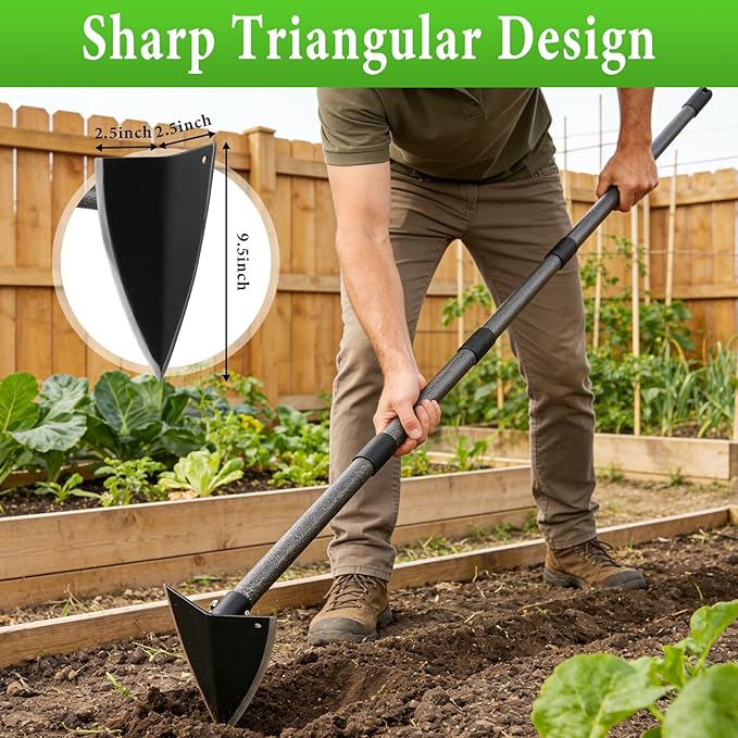 Garden Hoe, Heavy Duty Trenching Hoes with Adjustable Long Handle 30-72 Inch, Sharp Edge Triangle Weeding Hoe Garden Tools for Weeds Removal,Cultivating,Digging,Loosen Soil, Trenching