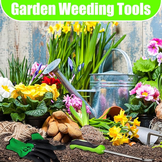 12.8'' Dandelion Weed Puller Tool with Soft Handle Polished Stainless Steel Garden Hand Weeder Remover Tool Two-pronged Fork with Gloves for Garden Lawn Farmland Planting Care in Patio Lawn Yard