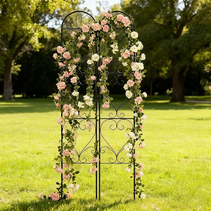 2PCS Metal Garden Trellis for Climbing Plants Outdoor, Heavy-Duty Cucumber Tomato Trellis for Raised Garden Bed, Decorative Wrought Iron Trellis Arch for Wedding Party Decor