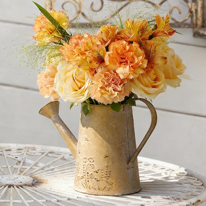 Vintage Metal Watering Can with Floral Embossed Design Garden Distressed Gold Decorative Watering Pot Planter Farmhouse Waterer for Home Indoor Outdoor Garden Balcony Courtyard