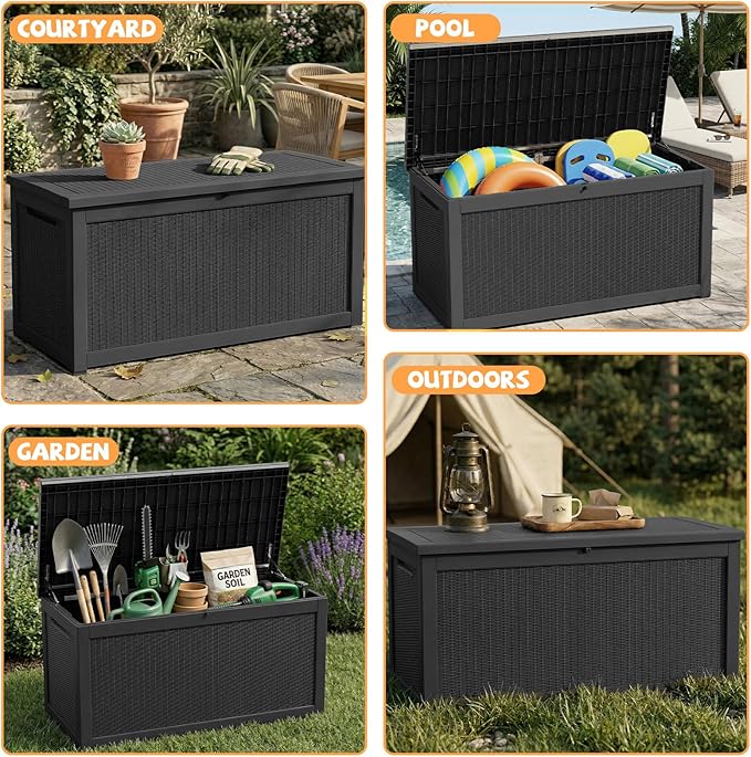 320 Gallon Outdoor Storage Deck Box Waterproof Resin Lockable Outside Bench Porch Patio Furniture Pool Float Garden Tool Cushion UV Resistant Bin Black