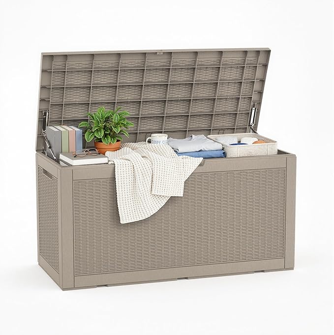 ROJIK Outdoor Storage Housing Deck Box - Waterproof Patio Furniture, Garden Tools, Cushions, Pool Accessories Storage Bench with Lockable Lid and Side Handles (Grey 110 Gal)